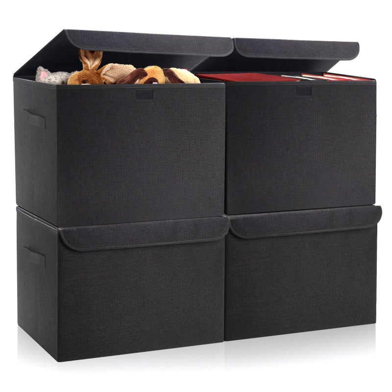 Bagnizer Large 22 Quart Linen Fabric Foldable Storage Bin Cube Organizer Basket with Flip-Top Lid & Handles, Clothes Blanket Box for Home, Office, Closet, Black, 4 Pack 14.6 x 9.5 x 9.5â€ - Image 1