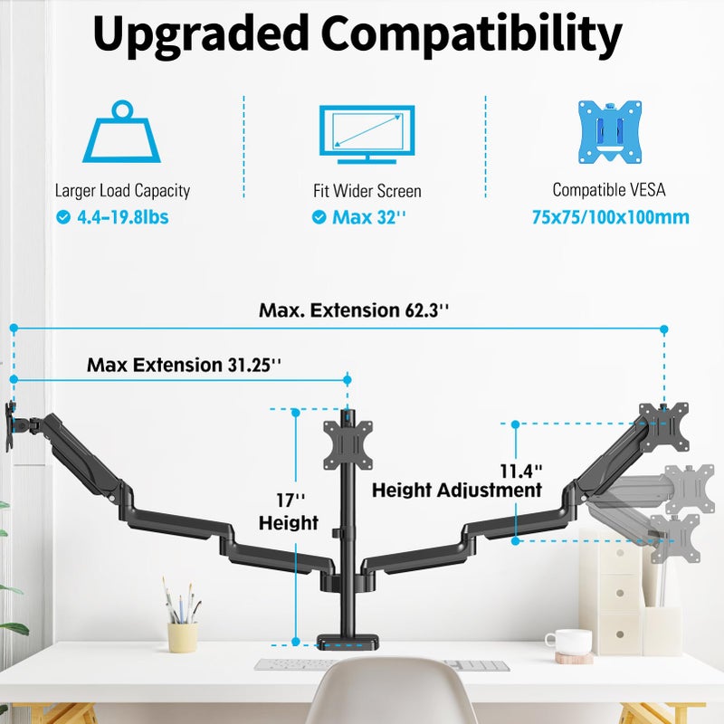 MOUNTUP Triple Monitor Mount for 17-32 inch Screens, Full Motion Triple Monitor Stand, 3 Monitors Desk Mount Holds 4.4-19.8 lbs Each, Clamp & Grommet Mounting, Black - Image 3