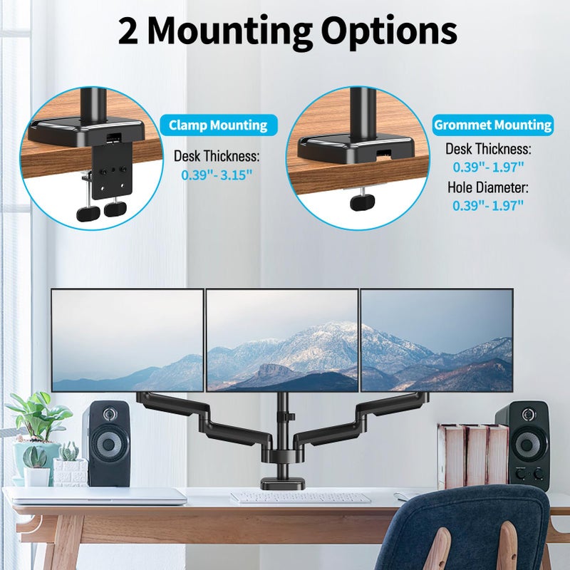 MOUNTUP Triple Monitor Mount for 17-32 inch Screens, Full Motion Triple Monitor Stand, 3 Monitors Desk Mount Holds 4.4-19.8 lbs Each, Clamp & Grommet Mounting, Black - Image 5