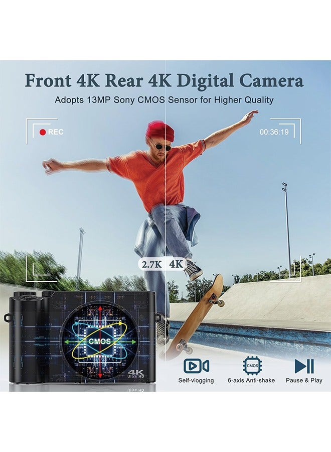 4K Digital Camera, 64MP Rear and Front Camera for Photography and Video Autofocus Anti-Shake, 3'' Selfie Flip Vlogging Camera with Ultra Bright Flash, Camera with Dial 16X Zoom (2 Batteries+32G memo - Image 2