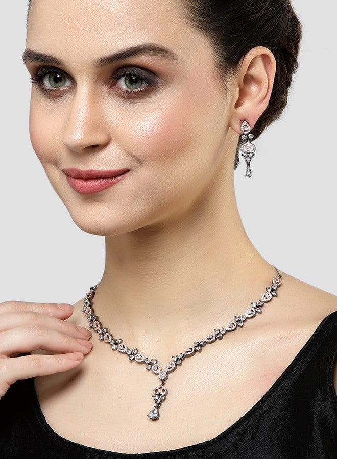 Karatcart Black and Rose Gold Plated American Diamond Studded Necklace Set - Image 3