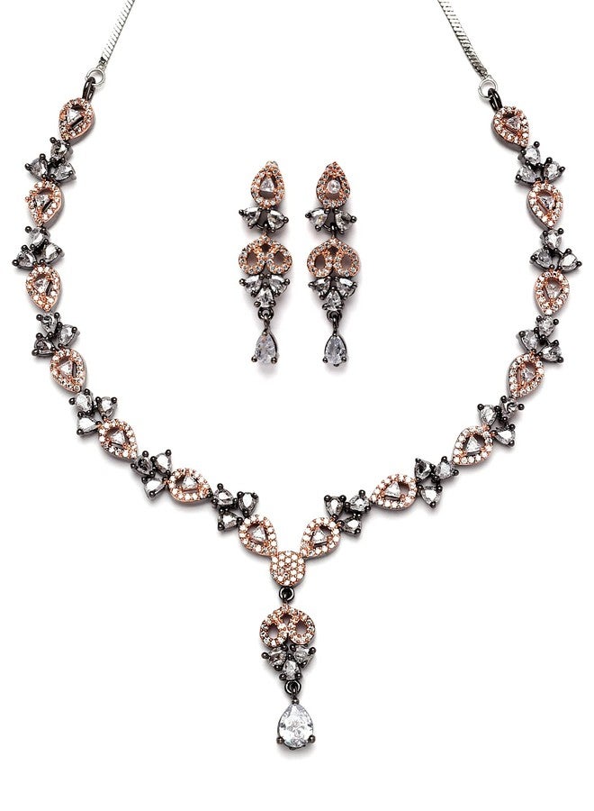 Karatcart Black and Rose Gold Plated American Diamond Studded Necklace Set - Image 1