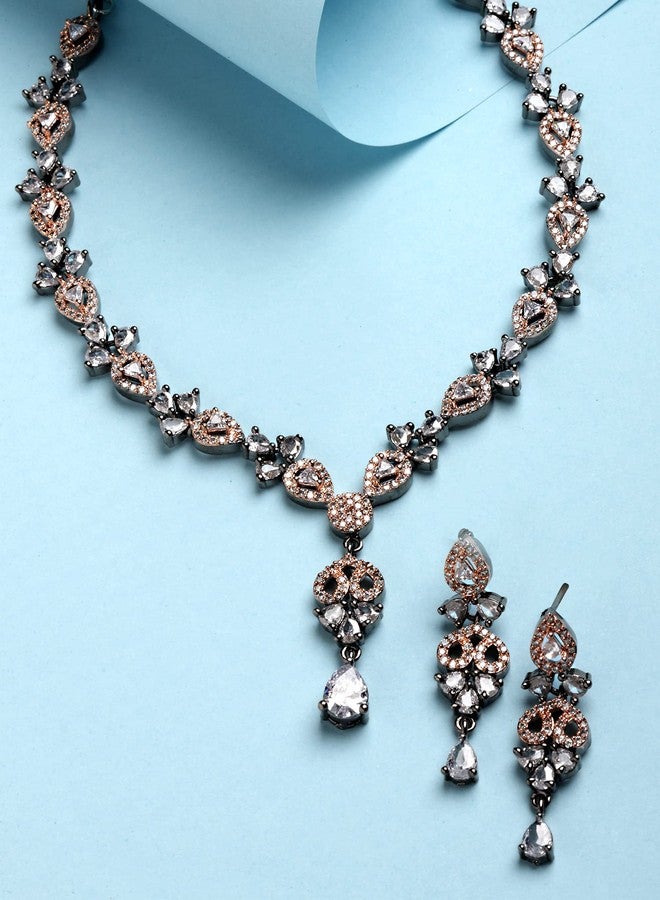Karatcart Black and Rose Gold Plated American Diamond Studded Necklace Set - Image 4