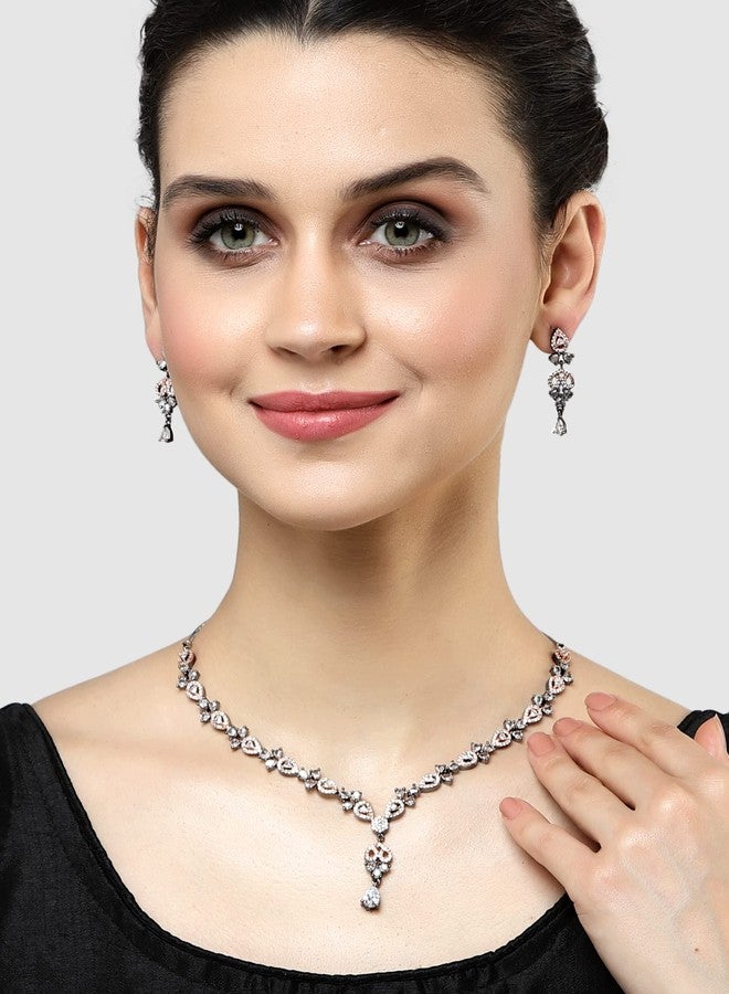 Karatcart Black and Rose Gold Plated American Diamond Studded Necklace Set - Image 2