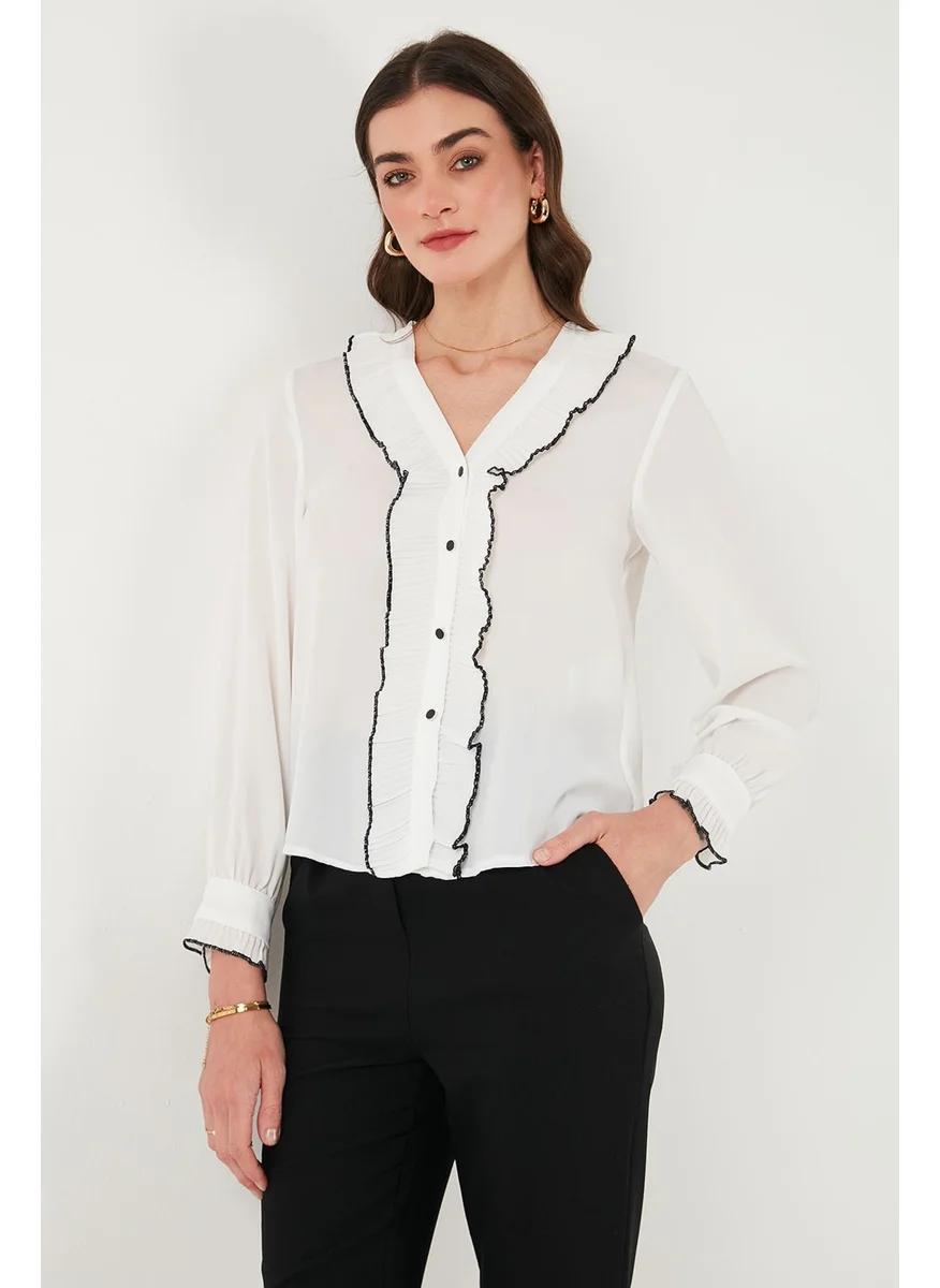 Lela Standard Fit V Neck Ruffle Long Sleeve Shirt Women's Shirt 611GO00341