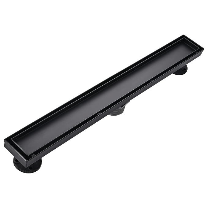 LINEAR SHOWER FLOOR DRAIN BLACK 24 INCH 304 STAINLESS STEEL BATHROOM DRAINS KIT RECTANGULAR SHOWER TRENCH DRAIN WITH REVERSABLE TILEIN PATTERN DRAIN COVER HAIR CATCHER