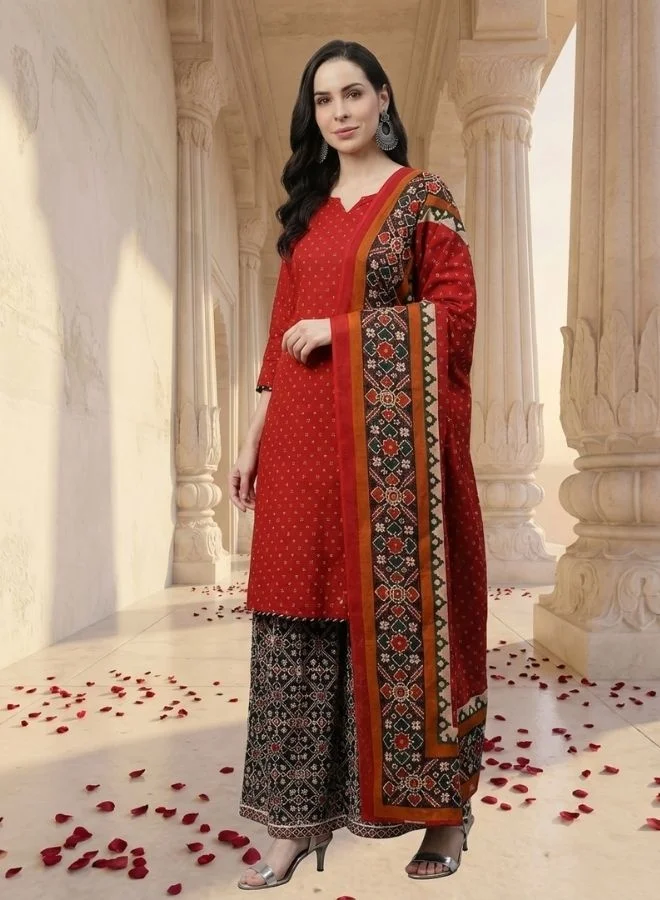Yuris  Yuris Women Maroon Pure Cotton Printed Kurta with Palazzos  Dupatta for Women | Best Price UAE