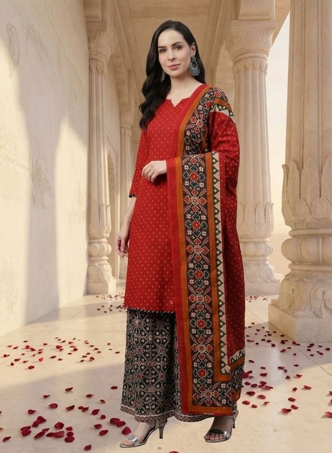Yuris Women Maroon Pure Cotton Printed Kurta with Palazzos  Dupatta - Image 4