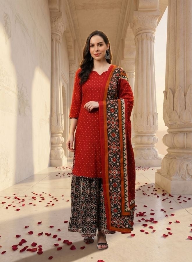 Yuris Women Maroon Pure Cotton Printed Kurta with Palazzos  Dupatta - Image 1