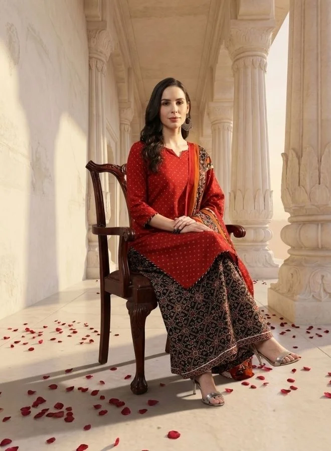Yuris  Yuris Women Maroon Pure Cotton Printed Kurta with Palazzos  Dupatta for Women | Best Price UAE