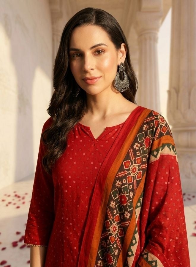 Yuris Women Maroon Pure Cotton Printed Kurta with Palazzos  Dupatta - Image 2
