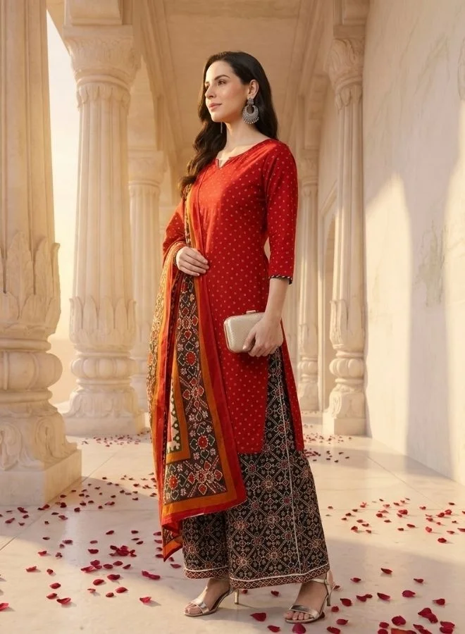 Yuris  Yuris Women Maroon Pure Cotton Printed Kurta with Palazzos  Dupatta for Women | Best Price UAE