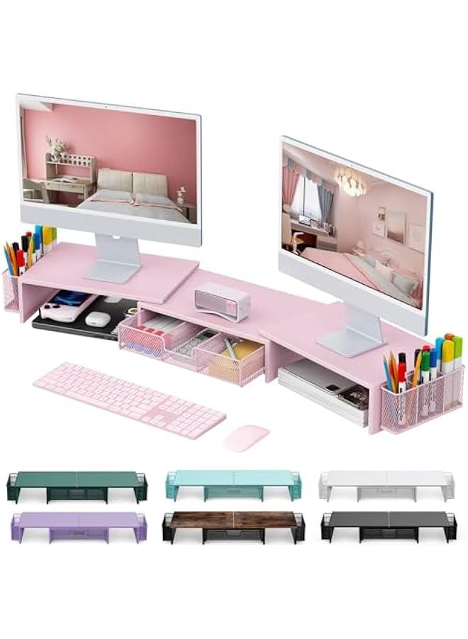 Arabest Dual Monitor Stand Riser, Desk Organizer With Drawer and 2 Pen Holders,Desk Organizers and Accessories, Pink Office Supplies (Pink)  - Image 1