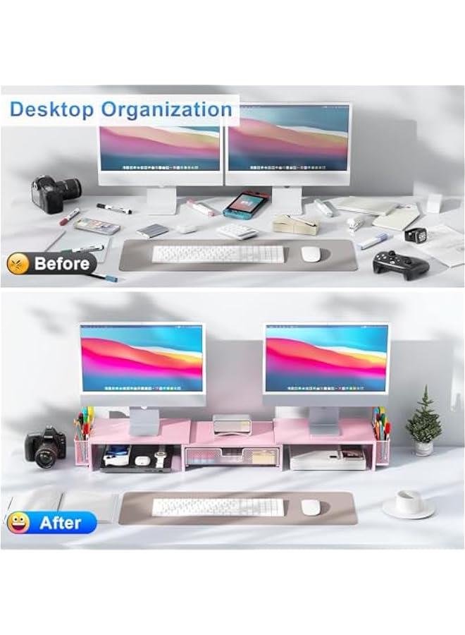 Arabest Dual Monitor Stand Riser, Desk Organizer With Drawer and 2 Pen Holders,Desk Organizers and Accessories, Pink Office Supplies (Pink)  - Image 2