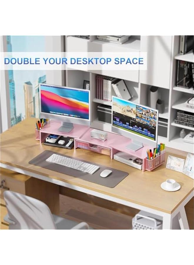 Arabest Dual Monitor Stand Riser, Desk Organizer With Drawer and 2 Pen Holders,Desk Organizers and Accessories, Pink Office Supplies (Pink)  - Image 5