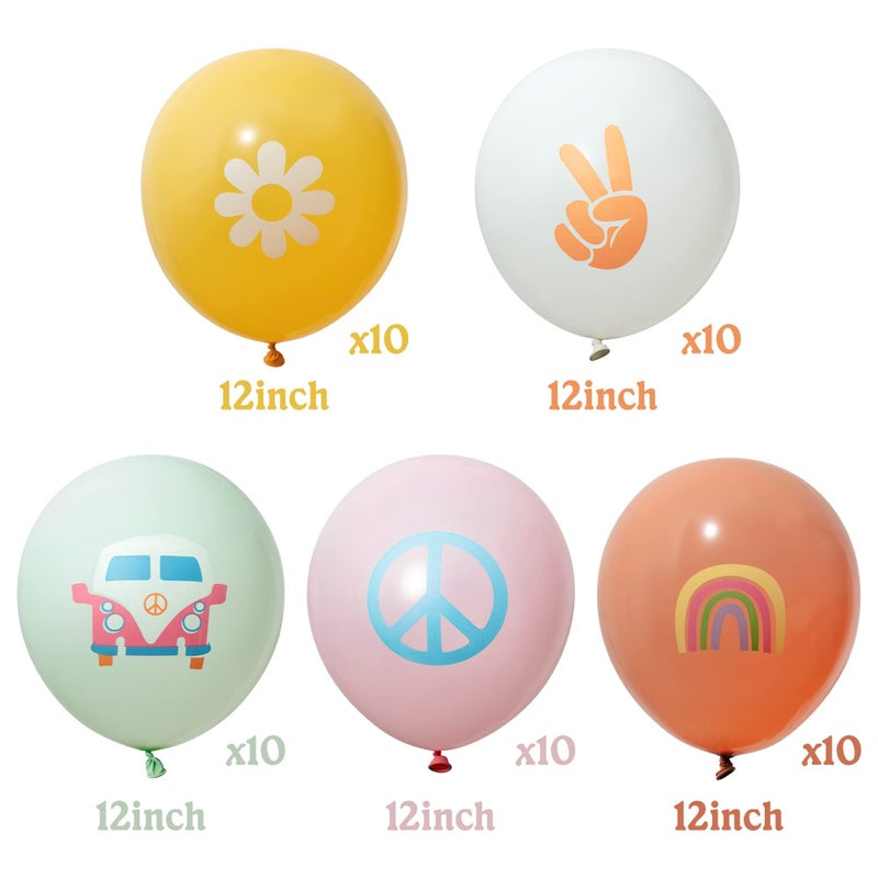 ANGOLIO 50Pcs Groovy Retro Hippie Balloons Girls Spring Party Theme Smile Faces for Birthday Theme Party for Boy and Girl Retro Different Pattern Summer Home Decor Carnival Decoration - Image 2
