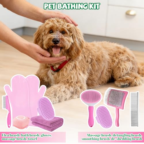 Grnheat 8PCS Dog Slicker Brush for Dogs Grooming Kit,Bath Grooming Kit for Pets,Hair Brush Set with Towel,Washing Gloves,Slicker Comb,and Shampoo Scrubber Brush for Small and Large Dogs and Cats Cats(Pink) - Image 3