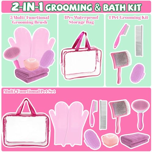 Grnheat 8PCS Dog Slicker Brush for Dogs Grooming Kit,Bath Grooming Kit for Pets,Hair Brush Set with Towel,Washing Gloves,Slicker Comb,and Shampoo Scrubber Brush for Small and Large Dogs and Cats Cats(Pink) - Image 2