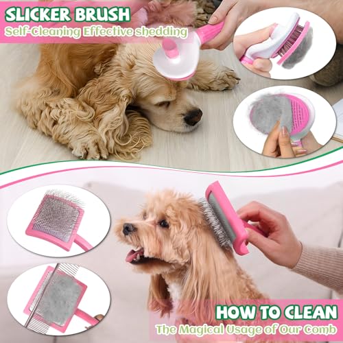 Grnheat 8PCS Dog Slicker Brush for Dogs Grooming Kit,Bath Grooming Kit for Pets,Hair Brush Set with Towel,Washing Gloves,Slicker Comb,and Shampoo Scrubber Brush for Small and Large Dogs and Cats Cats(Pink) - Image 4