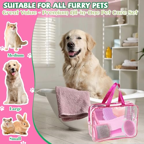 Grnheat 8PCS Dog Slicker Brush for Dogs Grooming Kit,Bath Grooming Kit for Pets,Hair Brush Set with Towel,Washing Gloves,Slicker Comb,and Shampoo Scrubber Brush for Small and Large Dogs and Cats Cats(Pink) - Image 5