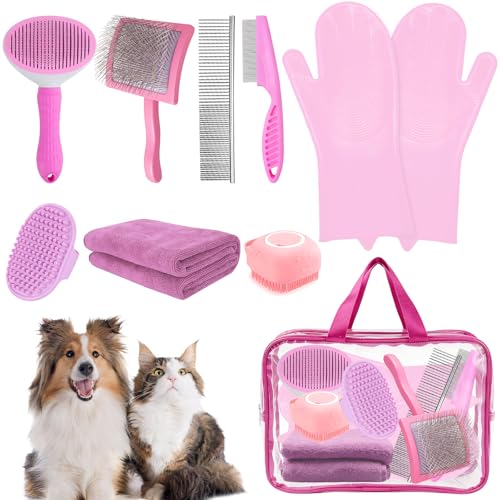 Grnheat 8PCS Dog Slicker Brush for Dogs Grooming Kit,Bath Grooming Kit for Pets,Hair Brush Set with Towel,Washing Gloves,Slicker Comb,and Shampoo Scrubber Brush for Small and Large Dogs and Cats Cats(Pink) - Image 1