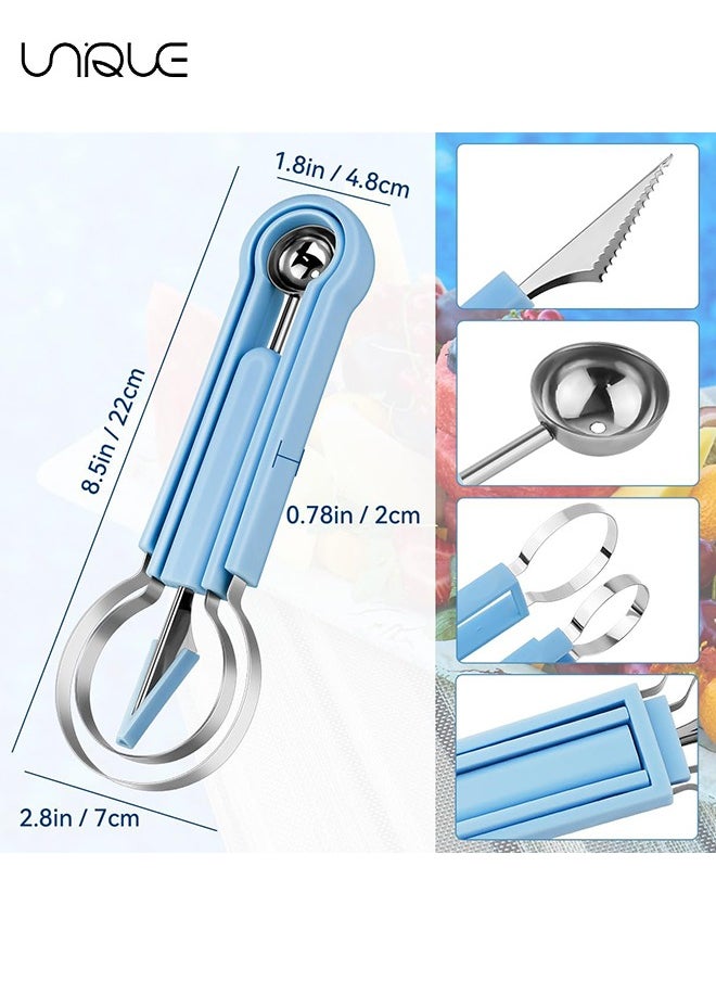 Melon Baller Scoop Set,Professional 4 In 1 Stainless Steel Fruit Carving Tools Knife Kit,Fruit Scooper Watermelon Knife for Ice Cream Melon,Dig Pulp Separator Fruit Slicer(Blue)