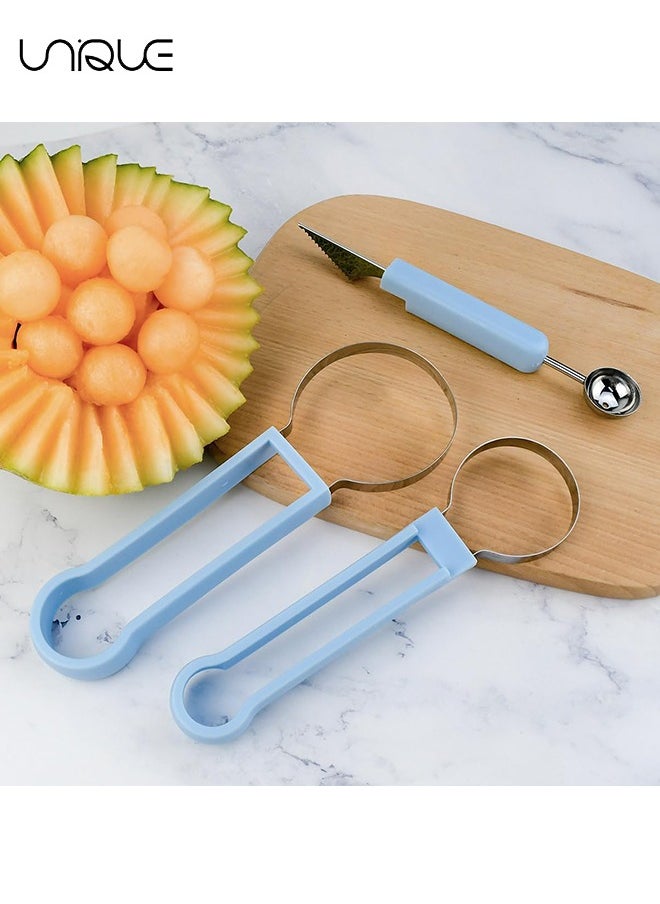 Melon Baller Scoop Set,Professional 4 In 1 Stainless Steel Fruit Carving Tools Knife Kit,Fruit Scooper Watermelon Knife for Ice Cream Melon,Dig Pulp Separator Fruit Slicer(Blue)