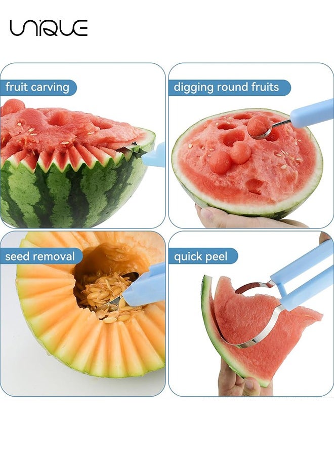 Melon Baller Scoop Set,Professional 4 In 1 Stainless Steel Fruit Carving Tools Knife Kit,Fruit Scooper Watermelon Knife for Ice Cream Melon,Dig Pulp Separator Fruit Slicer(Blue)