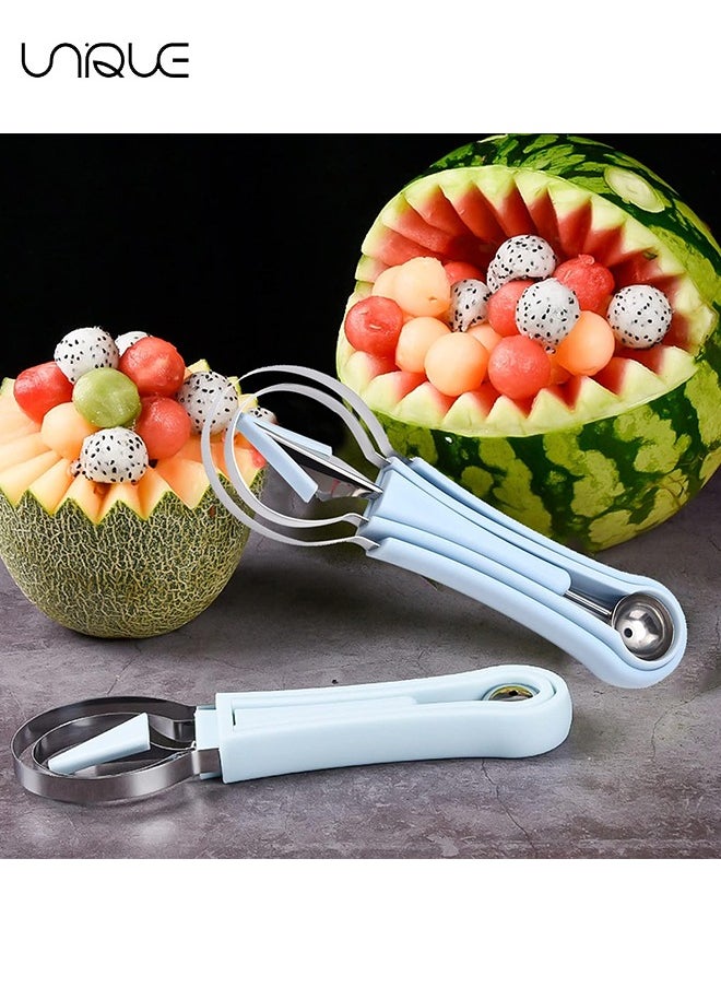 Melon Baller Scoop Set,Professional 4 In 1 Stainless Steel Fruit Carving Tools Knife Kit,Fruit Scooper Watermelon Knife for Ice Cream Melon,Dig Pulp Separator Fruit Slicer(Blue)