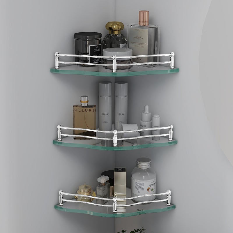 Plantex Transparent Corner Glass Shelf for Bathroom/Kitchen Corner Shelf/Glass Shelf for Living Room Wall Mount, Flower Shape (9x9 Inches - Pack of 3) - Image 1