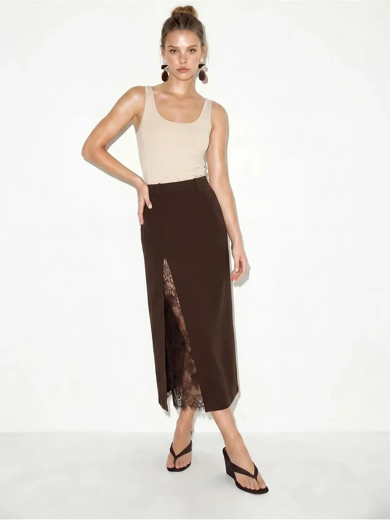 بيانكو لوتشي LUCCI High-Waist Lace Midi Pencil Skirt