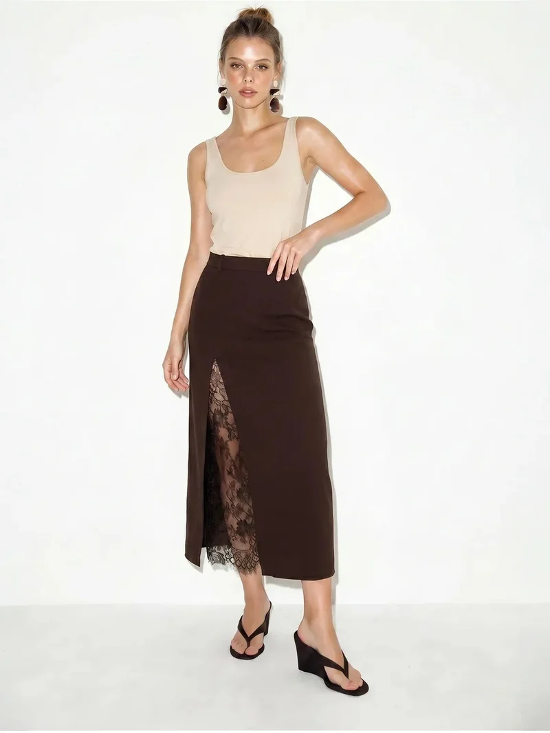بيانكو لوتشي LUCCI High-Waist Lace Midi Pencil Skirt