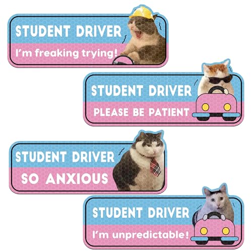 CNhoqc New Student Driver Magnet 4 Pcs Cute Shivering Cat Please Be Patient Student Novice Driver Magnetic Reflective Bumper Sticker Safety Attention Signs Reusable Movable Car Magnet Safety Warning - Image 1