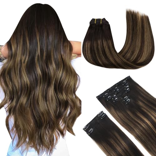 MAXITA Clip in Hair Extensions Real Human Hair,Remy Hair Extensions Clip ins Double Weft for Women,Natural Real Human Hair,14Inch 135g 9Pcs,Balayage Dark Brown Mixed Chestnut Brown - Image 1