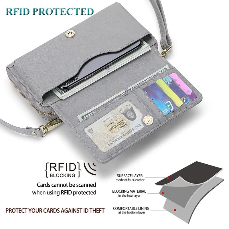 PEACOCKTION Peacocktion Women Wallet Purse Credit Card Holder with RFID, Large Capacity Crossbody Wristlet Clutch 2 Straps, Grey Flora  - Image 5