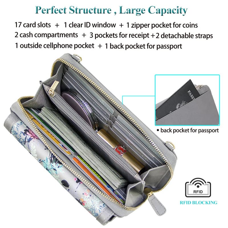 PEACOCKTION Peacocktion Women Wallet Purse Credit Card Holder with RFID, Large Capacity Crossbody Wristlet Clutch 2 Straps, Grey Flora  - Image 4