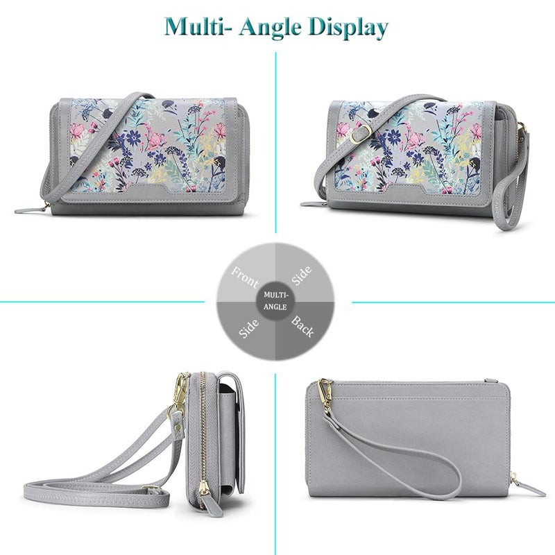 PEACOCKTION Peacocktion Women Wallet Purse Credit Card Holder with RFID, Large Capacity Crossbody Wristlet Clutch 2 Straps, Grey Flora  - Image 3