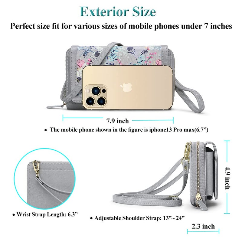 Peacocktion Women Wallet Purse Credit Card Holder with RFID, Large Capacity Crossbody Wristlet Clutch 2 Straps, Grey Flora