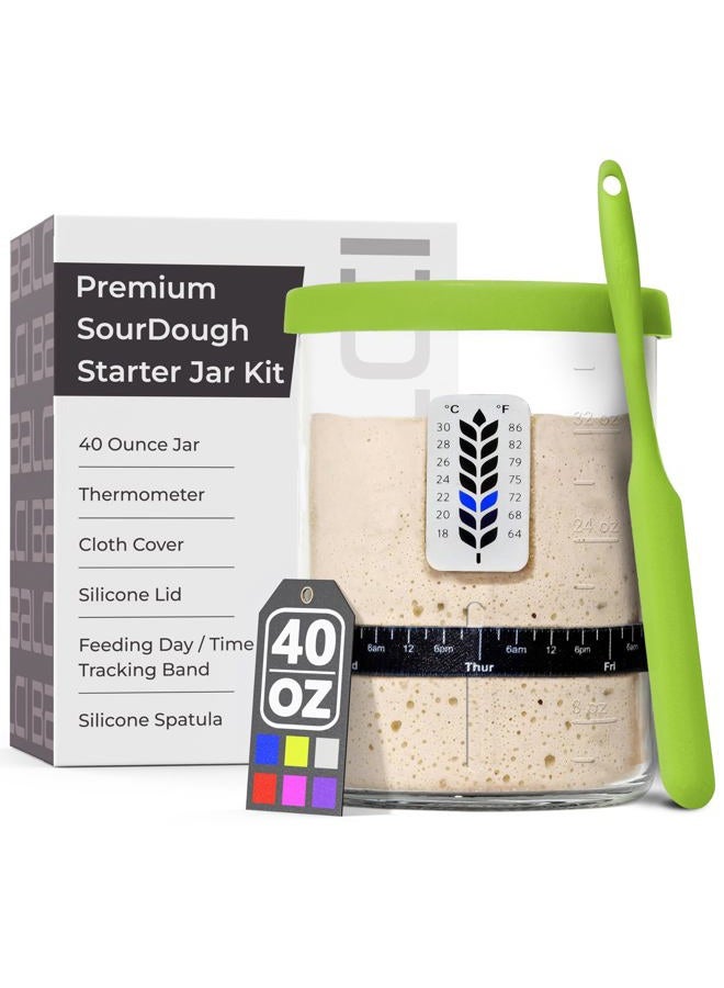 BALCI Premium Sourdough Starter Jar - 40oz Large Sourdough Jar with Marked Feeding Band, Thermometer, Scraper, Cloth Cover and Silicone Lid/Base, Wide Mouth Starter Kit - Green - Image 1