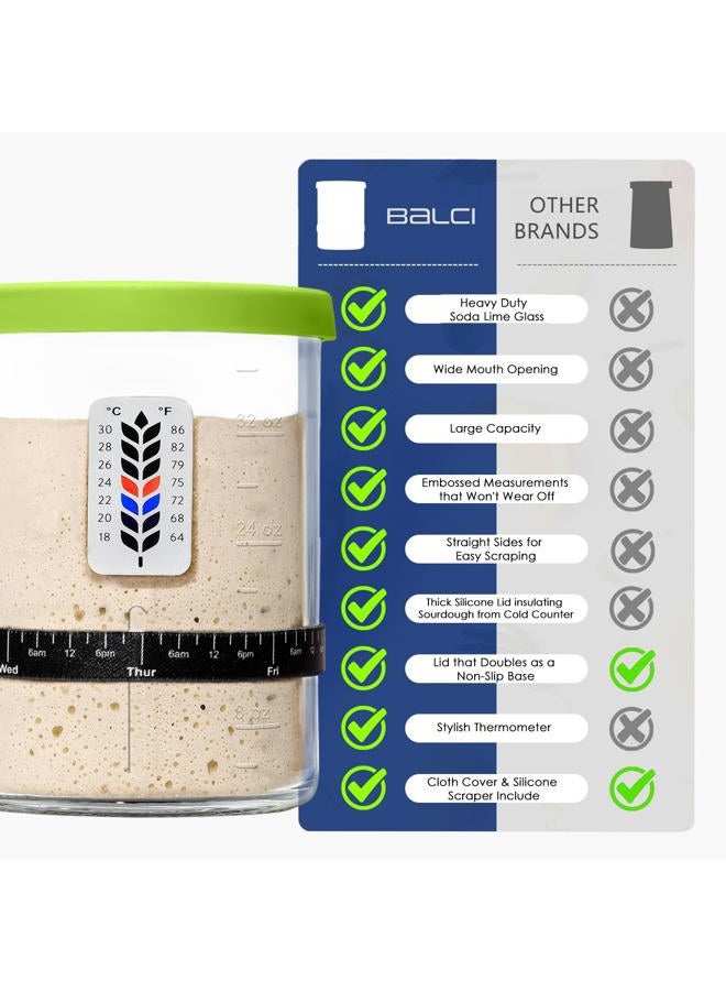 BALCI Premium Sourdough Starter Jar - 40oz Large Sourdough Jar with Marked Feeding Band, Thermometer, Scraper, Cloth Cover and Silicone Lid/Base, Wide Mouth Starter Kit - Green - Image 3