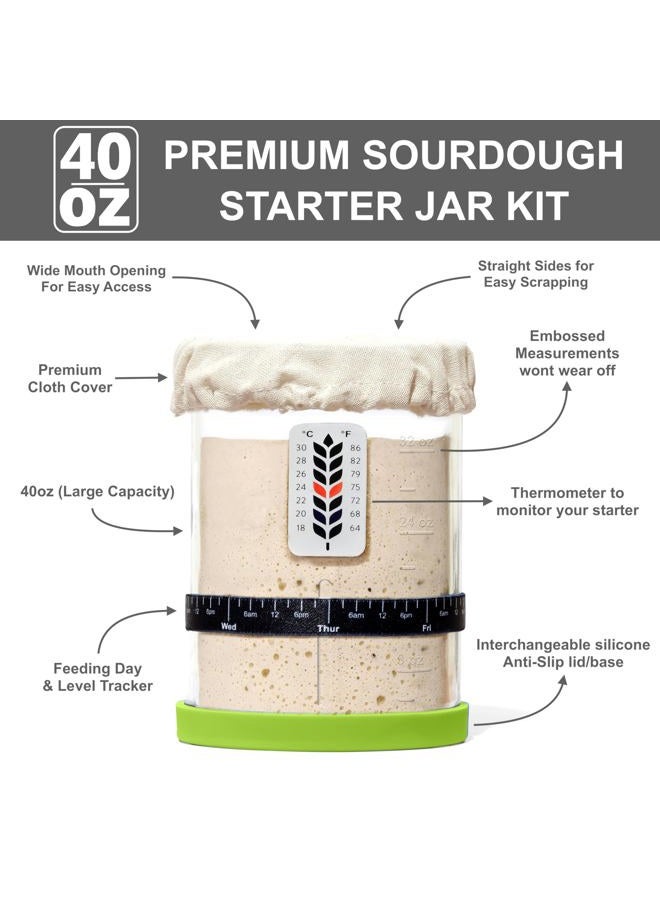BALCI Premium Sourdough Starter Jar - 40oz Large Sourdough Jar with Marked Feeding Band, Thermometer, Scraper, Cloth Cover and Silicone Lid/Base, Wide Mouth Starter Kit - Green - Image 4