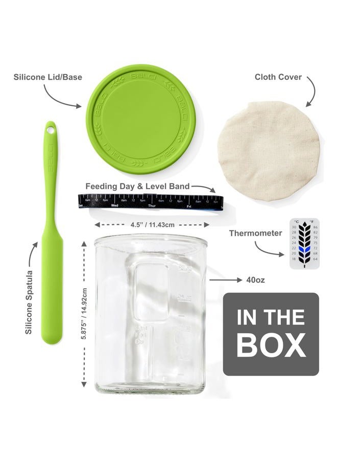 BALCI Premium Sourdough Starter Jar - 40oz Large Sourdough Jar with Marked Feeding Band, Thermometer, Scraper, Cloth Cover and Silicone Lid/Base, Wide Mouth Starter Kit - Green - Image 2