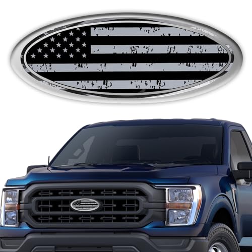 Hirificing Tailgate Emblem for Ford F150 F250 F350 Gray American Flag 9 Inch Front Grill Emblem for Ford Emblem Aluminum Oval Overlay Front Grill Rear Tailgate American Flag Decal BadgeGray - Image 1