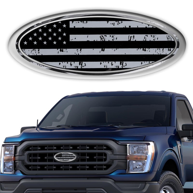 Hirificing Tailgate Emblem for Ford F150 F250 F350 Gray American Flag 9 Inch Front Grill Emblem for Ford Emblem Aluminum Oval Overlay Front Grill Rear Tailgate American Flag Decal BadgeGray - Image 3