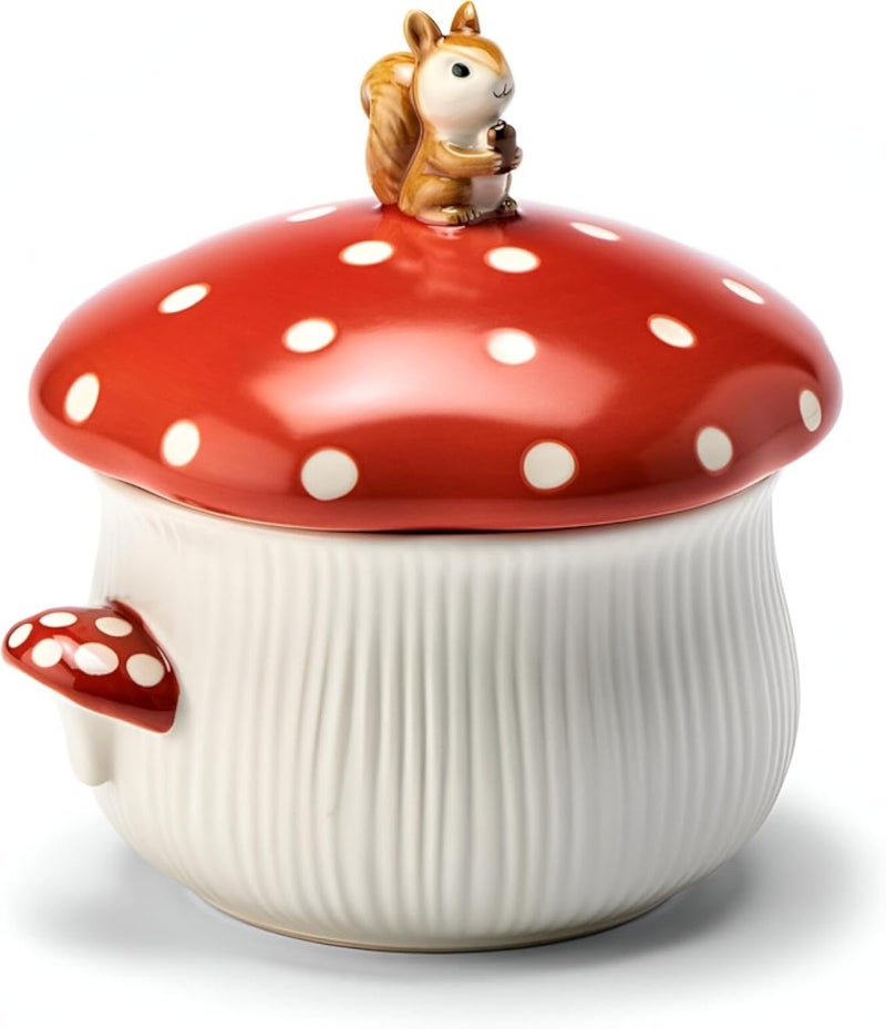 Mushroom Canister - Red and White Polka Dot Porcelain Jar Featuring Adorable Squirrel Detail, Perfect Whimsical Centerpiece for Nature-Loving Kitchens and Cozy Tea Corners (style 3)