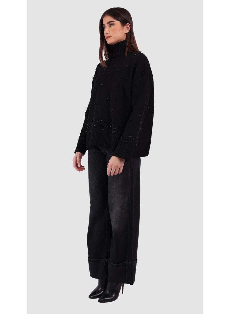 KYVELi Women’s Embellished High-Neck Knit Sweater – Black - Image 5