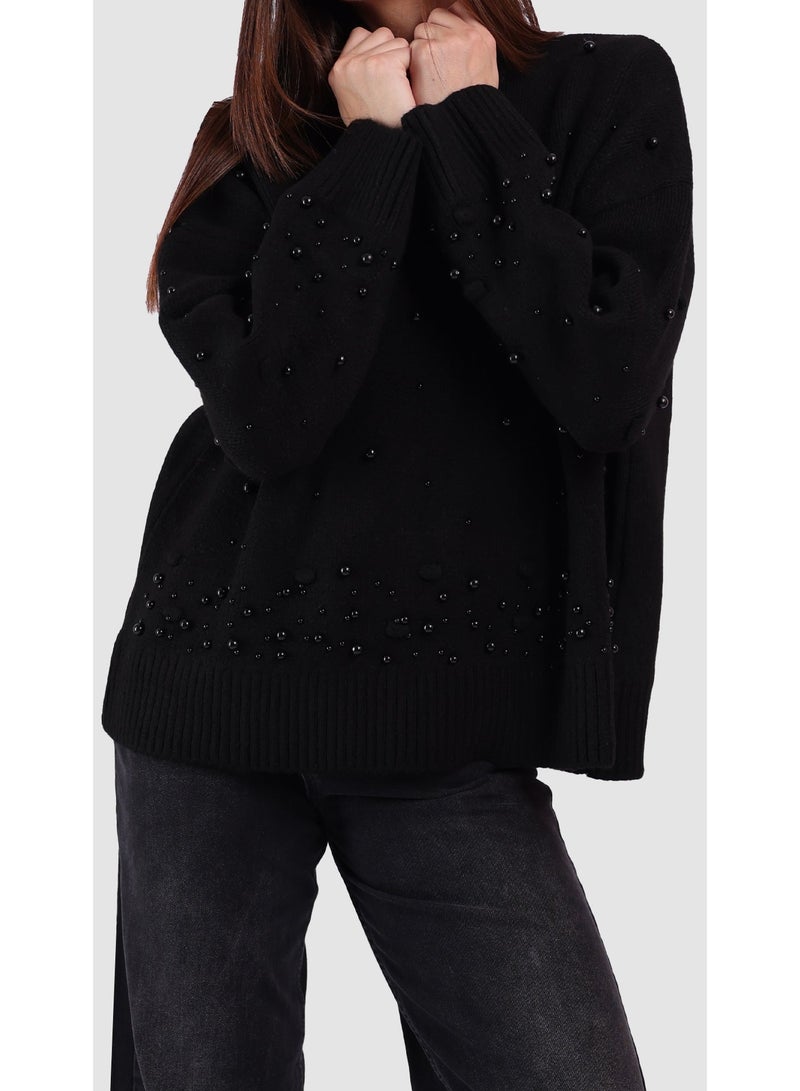 KYVELi Women’s Embellished High-Neck Knit Sweater – Black - Image 1