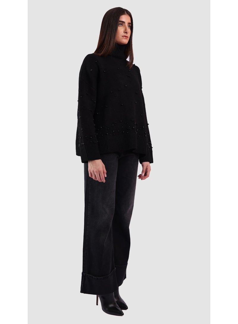 KYVELi Women’s Embellished High-Neck Knit Sweater – Black - Image 3