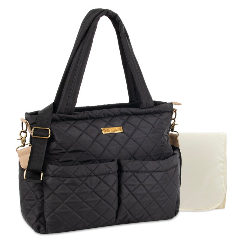 Baby Essentials Quilted Diaper Bag Crossbody Tote Purse with Shoulder Strap, Changing Pad, 10 Organizer Pockets for Twins or Triplets (Black) - Image 1