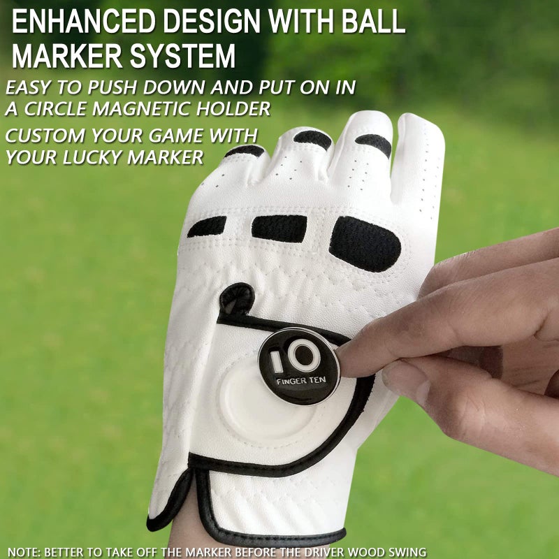 FINGER TEN Men’s Golf Glove Left Hand Right with Ball Marker Value 2 Pack, Weathersof Grip Soft Comfortable, Fit Size Small Medium ML Large XL (Large, Worn on Left Hand) - Image 5